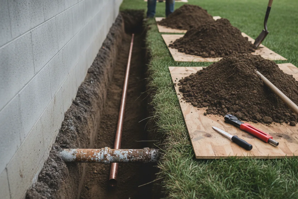Excavated water line trench during Water Heater Repair in Gray Hawk